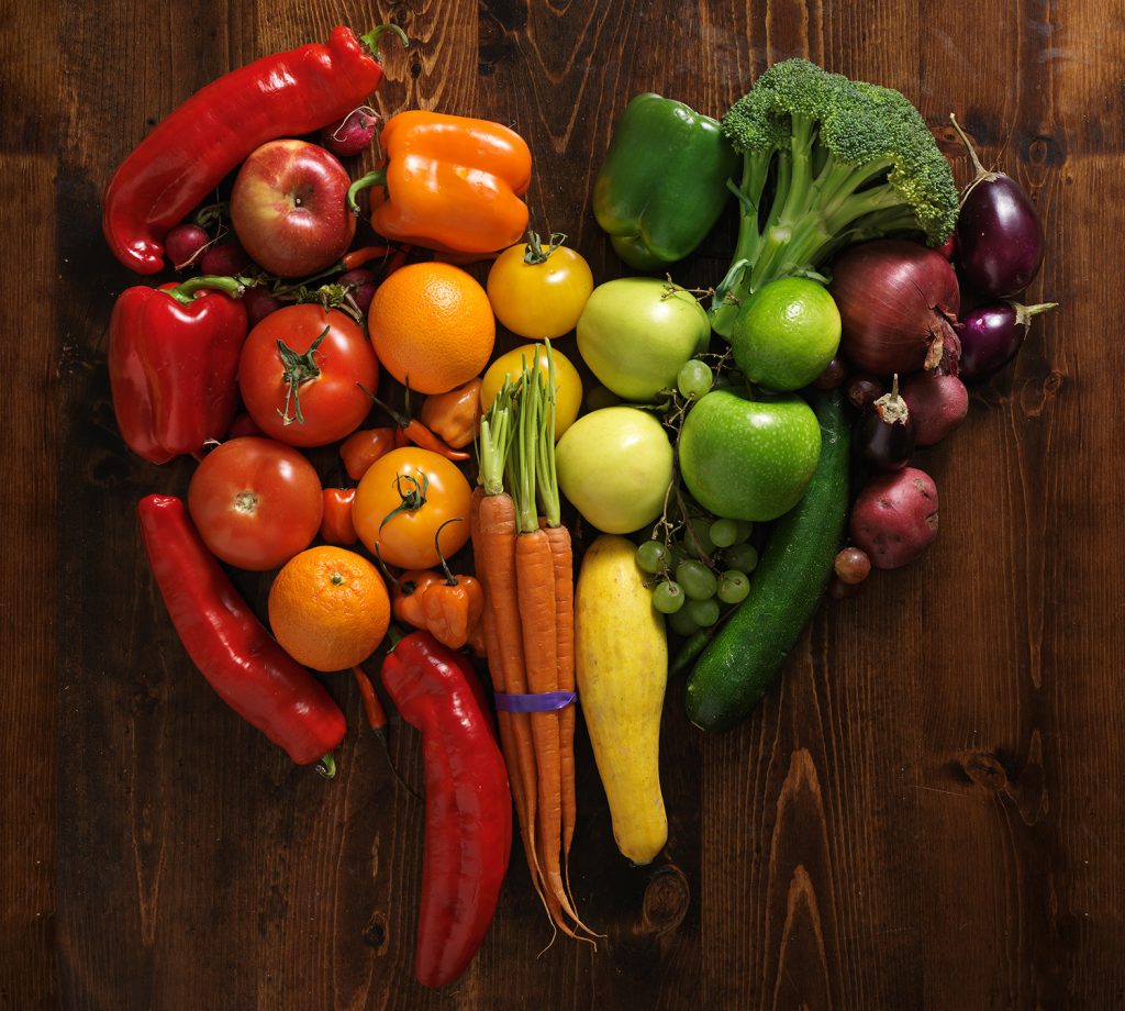 vegetables on cutting board shaped like heart