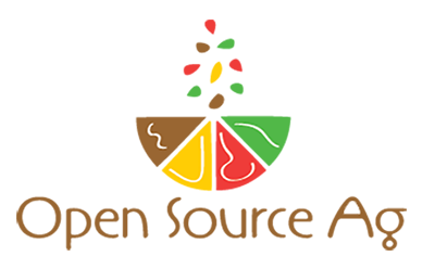 Open Source Ag logo with an illustration of red, brown, yellow, and green seeds in the air and a semi circle of slices under of the same color.